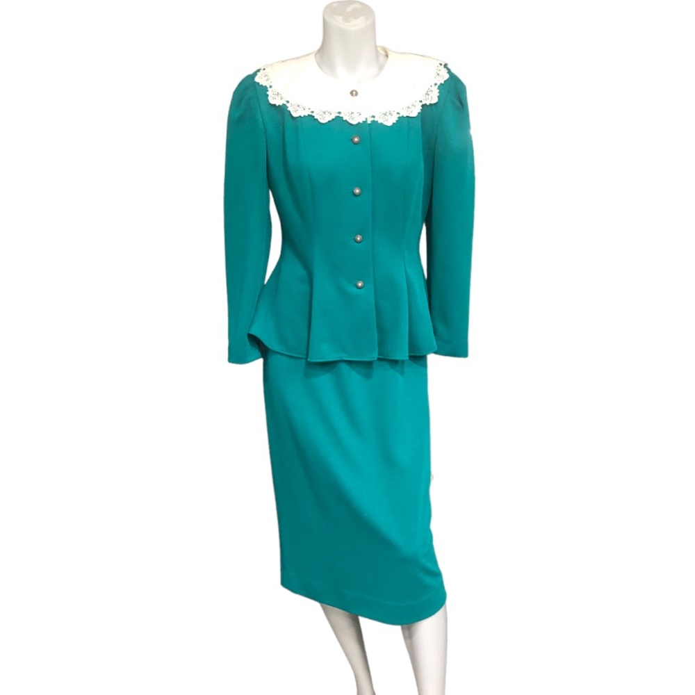 Vtg 80s Leslie Fay Turquoise Peplum Waist Peter Pan Collar 2-Piece Suit 8/10